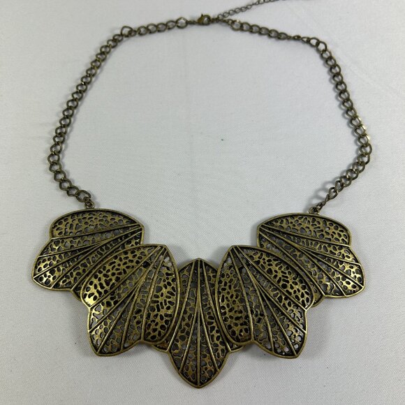 Gold Brass Tone Open Leaf Bib Necklace Statement Metal Unique Adjustable 17-19" - Picture 3 of 8